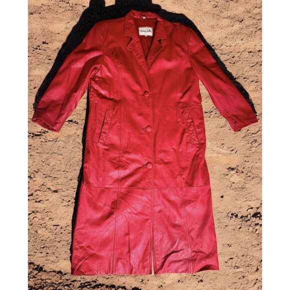 Vintage Donna Pelle Genuine Leather Coat 80s Red Long Jacket Size L RARE - Picture 1 of 12
